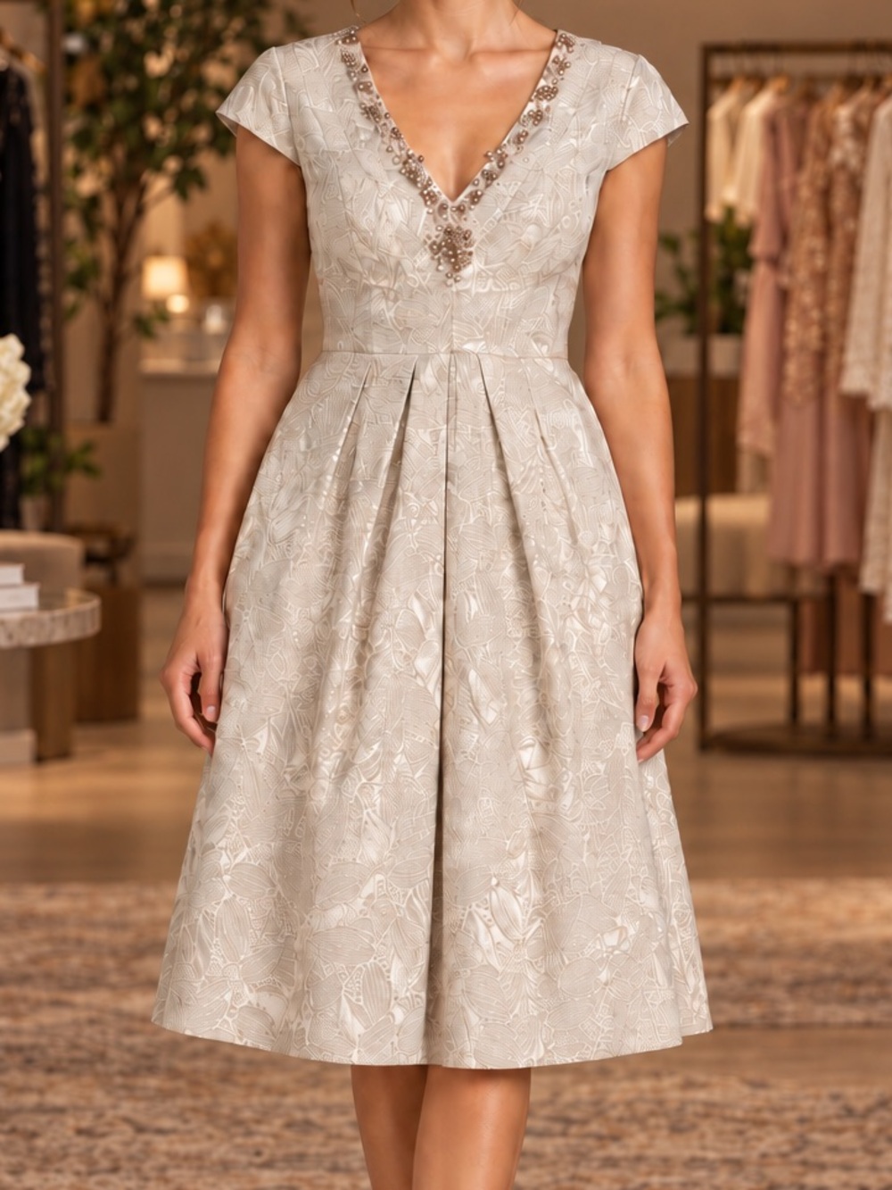 Adrianna Papell Size 4 Ivory Metallic Jacquard Beaded Fit & Flare Dress